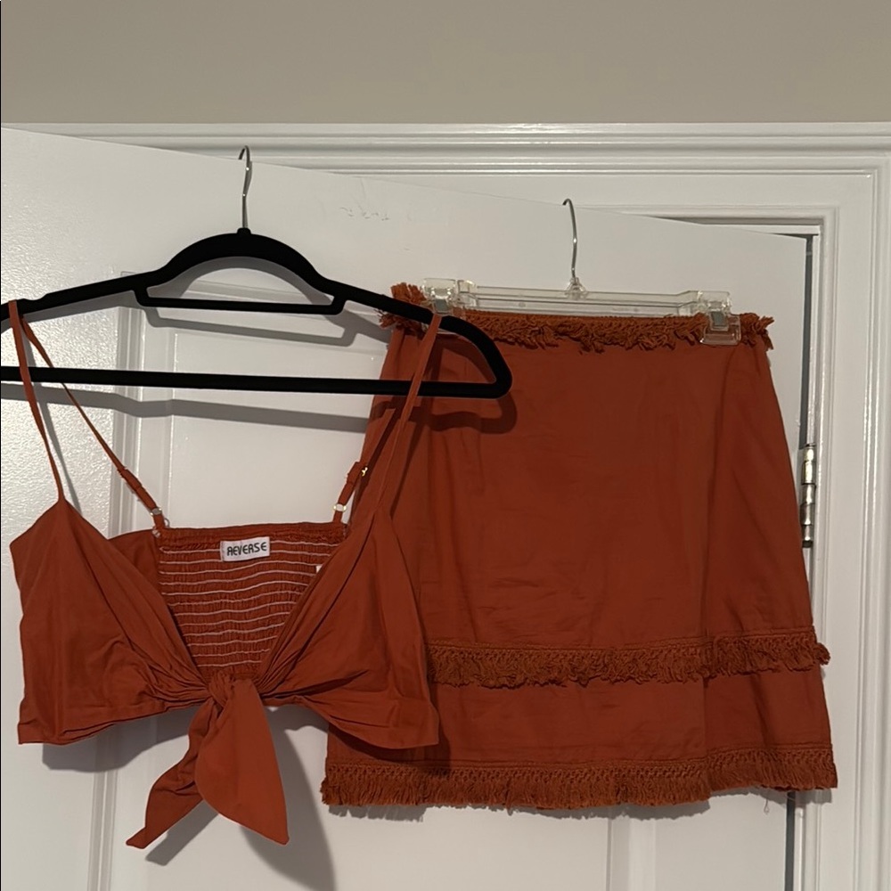 Reverse Brown Mini Skirt and Ruffled Tie Top Set